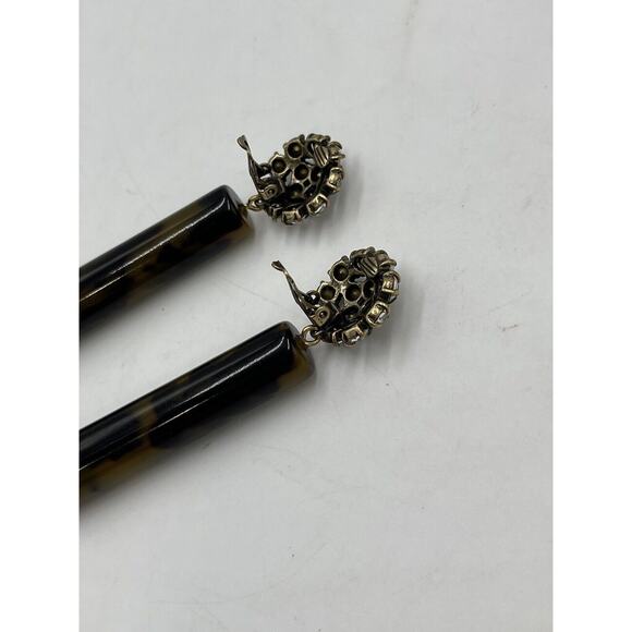 Tortoise Color Acetate Cylinder Earring, Crystal Round Modern Clip On Jewelry - Picture 5 of 13